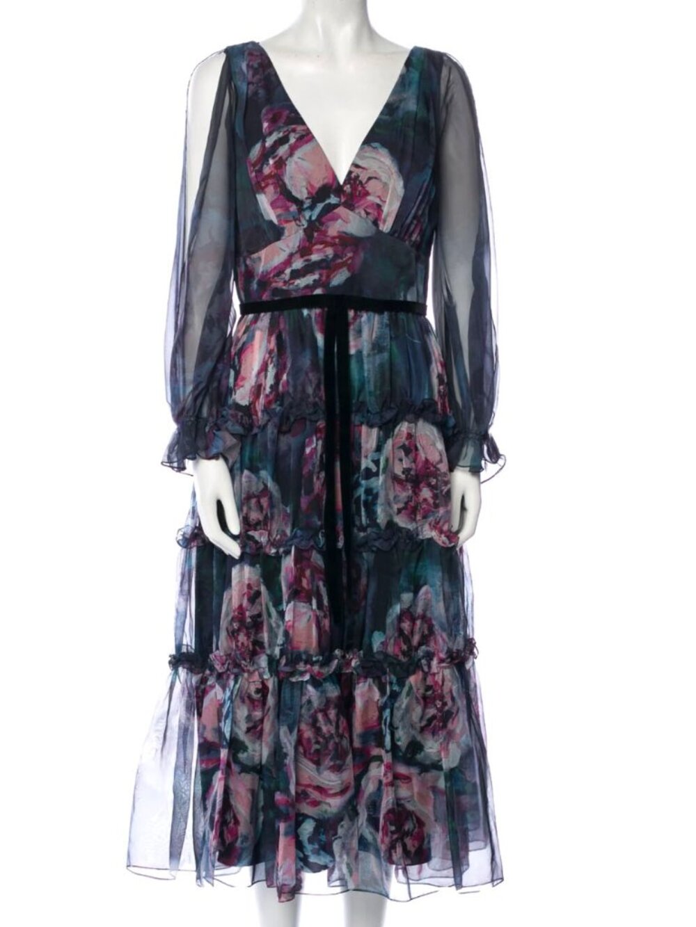 Marchesa Notte Floral Ribbon Waist Chiffon Tiered Midi Party Wedding Dress Sz  6
